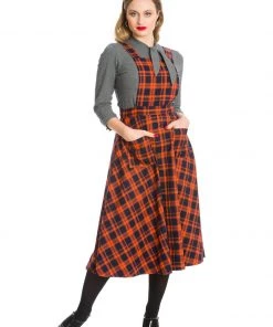 Banned Miss Spooky 50's Length Pinafore Dress In Orange And Black Tartan 8 Banned Miss Spooky 50's Length Pinafore Dress In Orange And Black Tartan