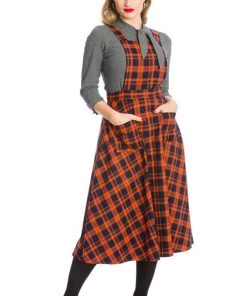 Banned Miss Spooky 50's Length Pinafore Dress In Orange And Black Tartan