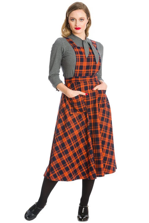 Banned Miss Spooky 50's Length Pinafore Dress In Orange And Black Tartan 1 Banned Miss Spooky 50's Length Pinafore Dress In Orange And Black Tartan