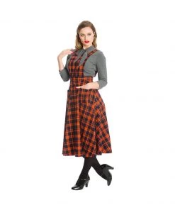 Banned Miss Spooky 50's Length Pinafore Dress In Orange And Black Tartan