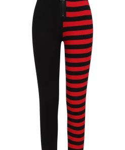 Banned Half Black Half Stripe Leggings In Black & Red Clothing