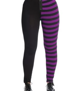 Banned Half Black Half Stripe Leggings In Black & Purple
