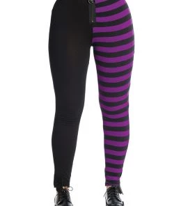 Banned Half Black Half Stripe Leggings In Black & Purple 12 Banned Half Black Half Stripe Leggings In Black & Purple