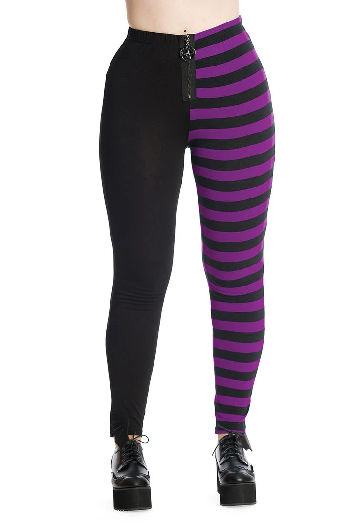 Banned Half Black Half Stripe Leggings In Black & Purple 6 Banned Half Black Half Stripe Leggings In Black & Purple
