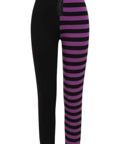 Banned Half Black Half Stripe Leggings In Black & Purple