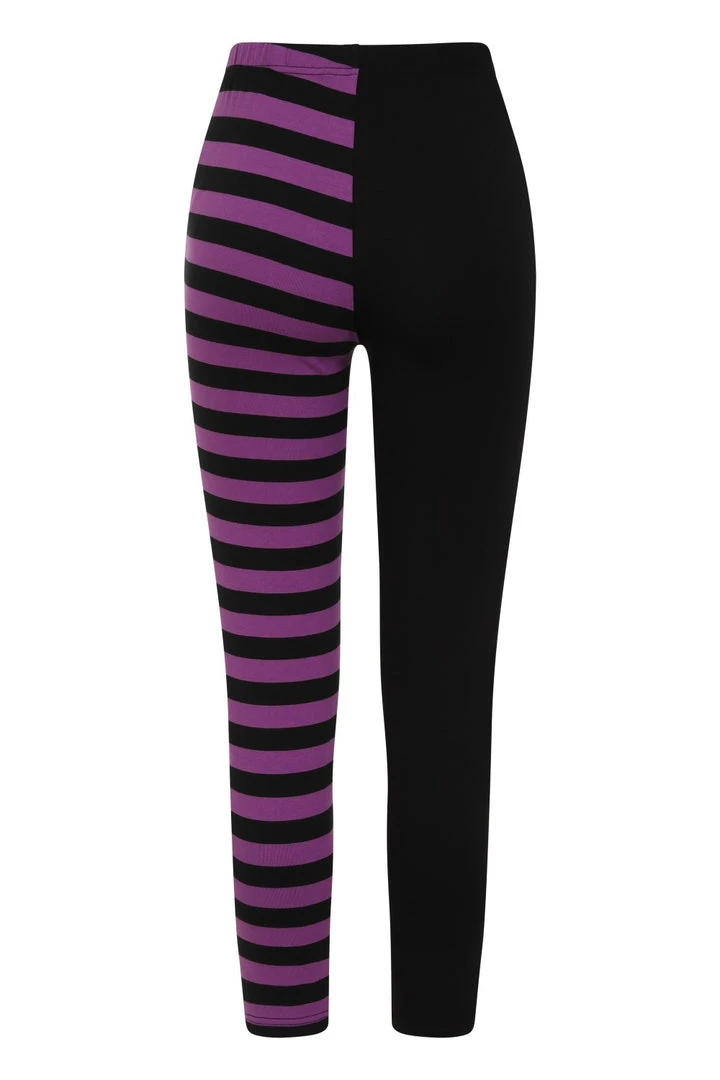 Banned Half Black Half Stripe Leggings In Black & Purple 4 Banned Half Black Half Stripe Leggings In Black & Purple
