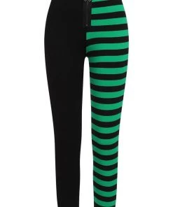 Banned Half Black Half Stripe Leggings In Black & Green