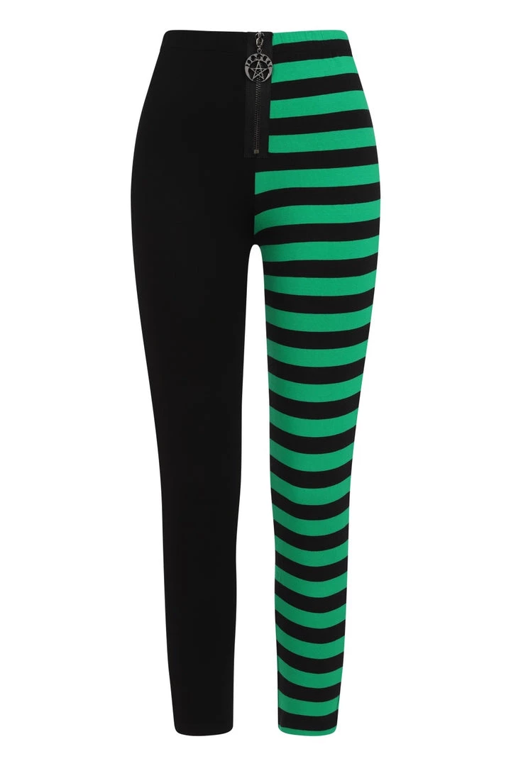 Banned Half Black Half Stripe Leggings In Black & Green 2 Banned Half Black Half Stripe Leggings In Black & Green