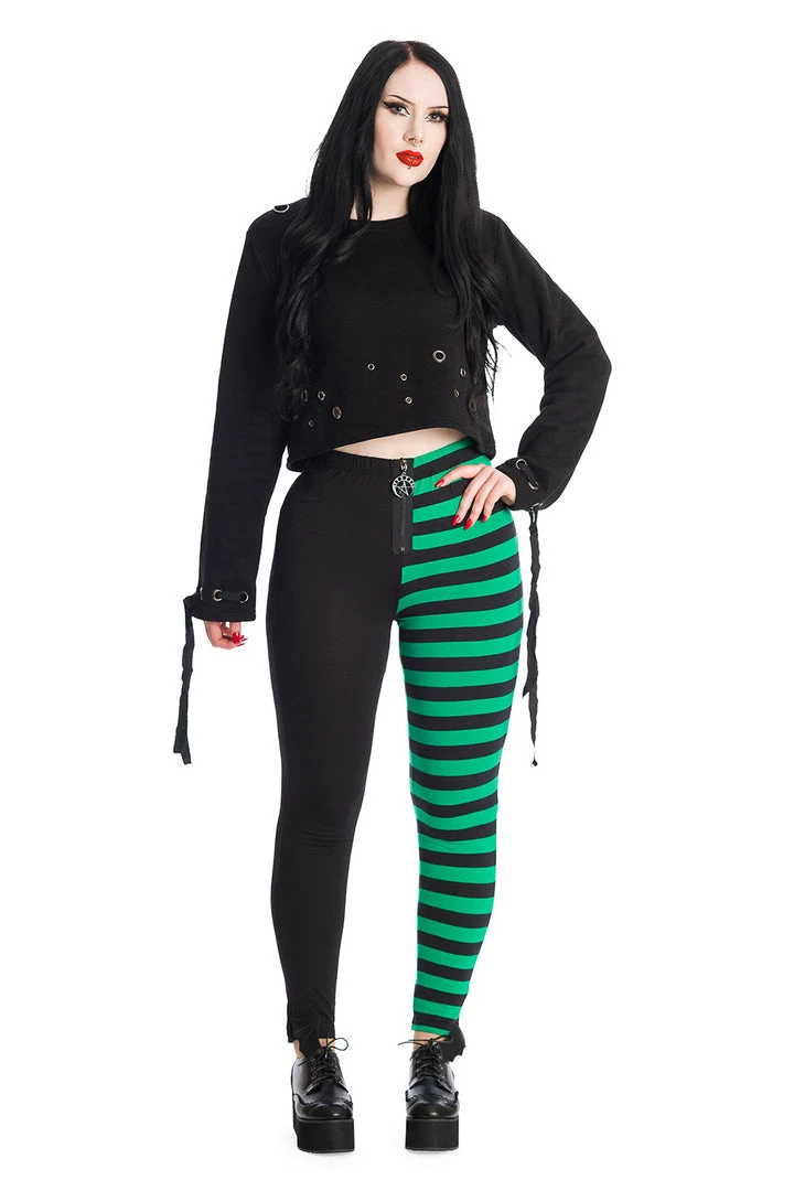 Banned Half Black Half Stripe Leggings In Black & Green 6 Banned Half Black Half Stripe Leggings In Black & Green