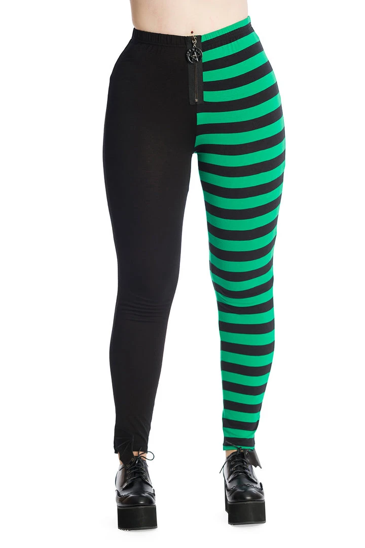 Banned Half Black Half Stripe Leggings In Black & Green 7 Banned Half Black Half Stripe Leggings In Black & Green