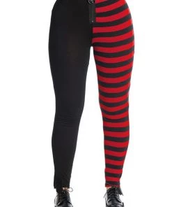 Banned Half Black Half Stripe Leggings In Black & Red Clothing