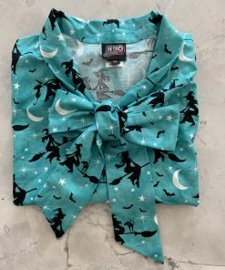 Retrolicious Bow Top In Witchy Teal Halloween Print