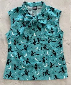 Retrolicious Bow Top In Witchy Teal Halloween Print