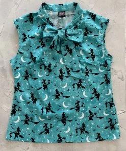 Retrolicious Bow Top In Witchy Teal Halloween Print