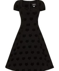 Collectif Mimi Doll Dress In Black Velvet Flocked Cat Print