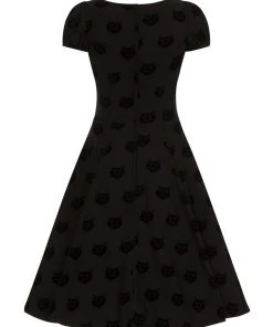 Collectif Mimi Doll Dress In Black Velvet Flocked Cat Print 7 Collectif Mimi Doll Dress In Black Velvet Flocked Cat Print