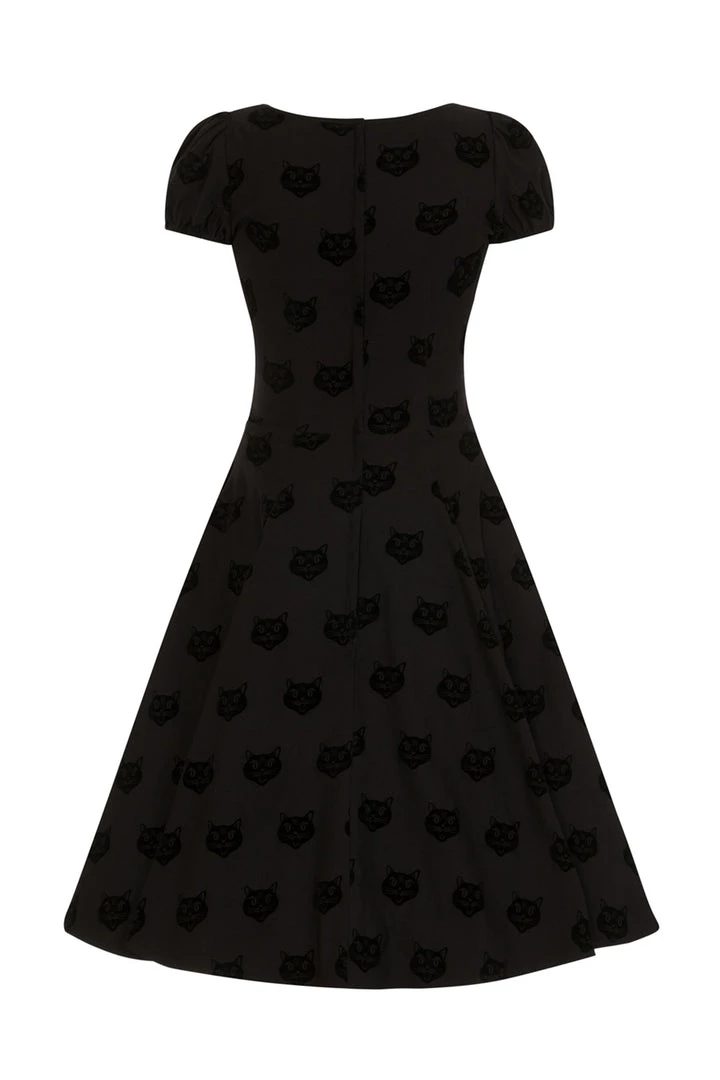 Collectif Mimi Doll Dress In Black Velvet Flocked Cat Print 3 Collectif Mimi Doll Dress In Black Velvet Flocked Cat Print