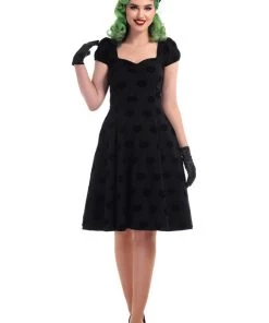 Collectif Mimi Doll Dress In Black Velvet Flocked Cat Print