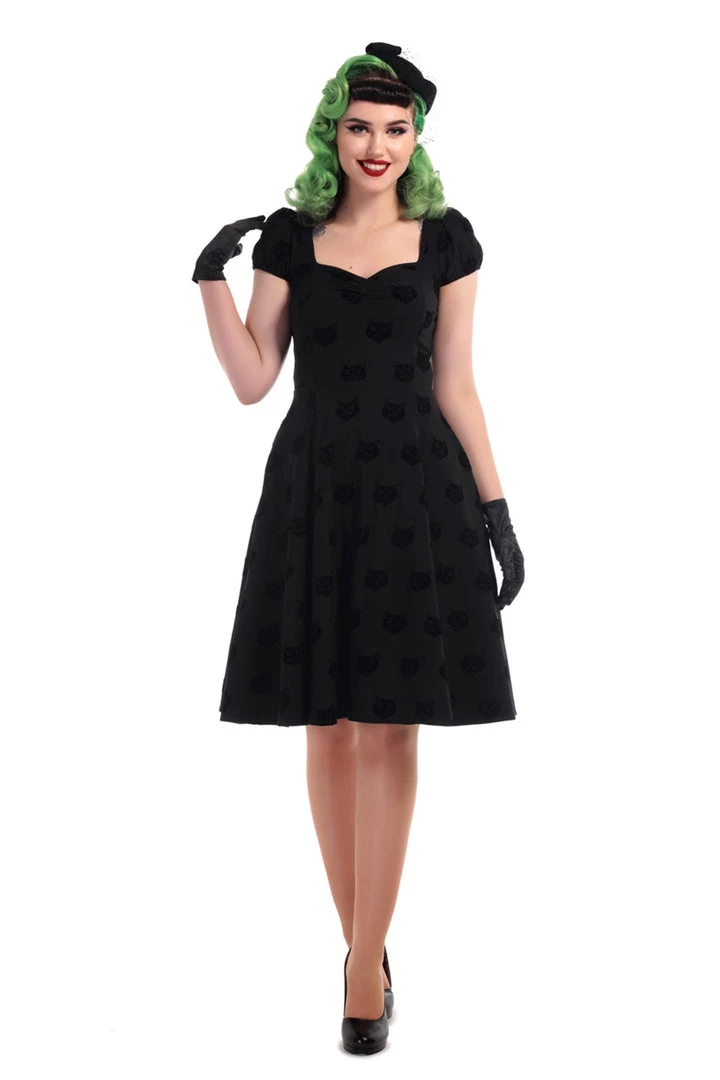 Collectif Mimi Doll Dress In Black Velvet Flocked Cat Print 4 Collectif Mimi Doll Dress In Black Velvet Flocked Cat Print