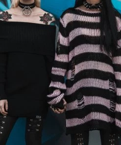 Killstar Courtney Punk Knit Sweater Black And Pink