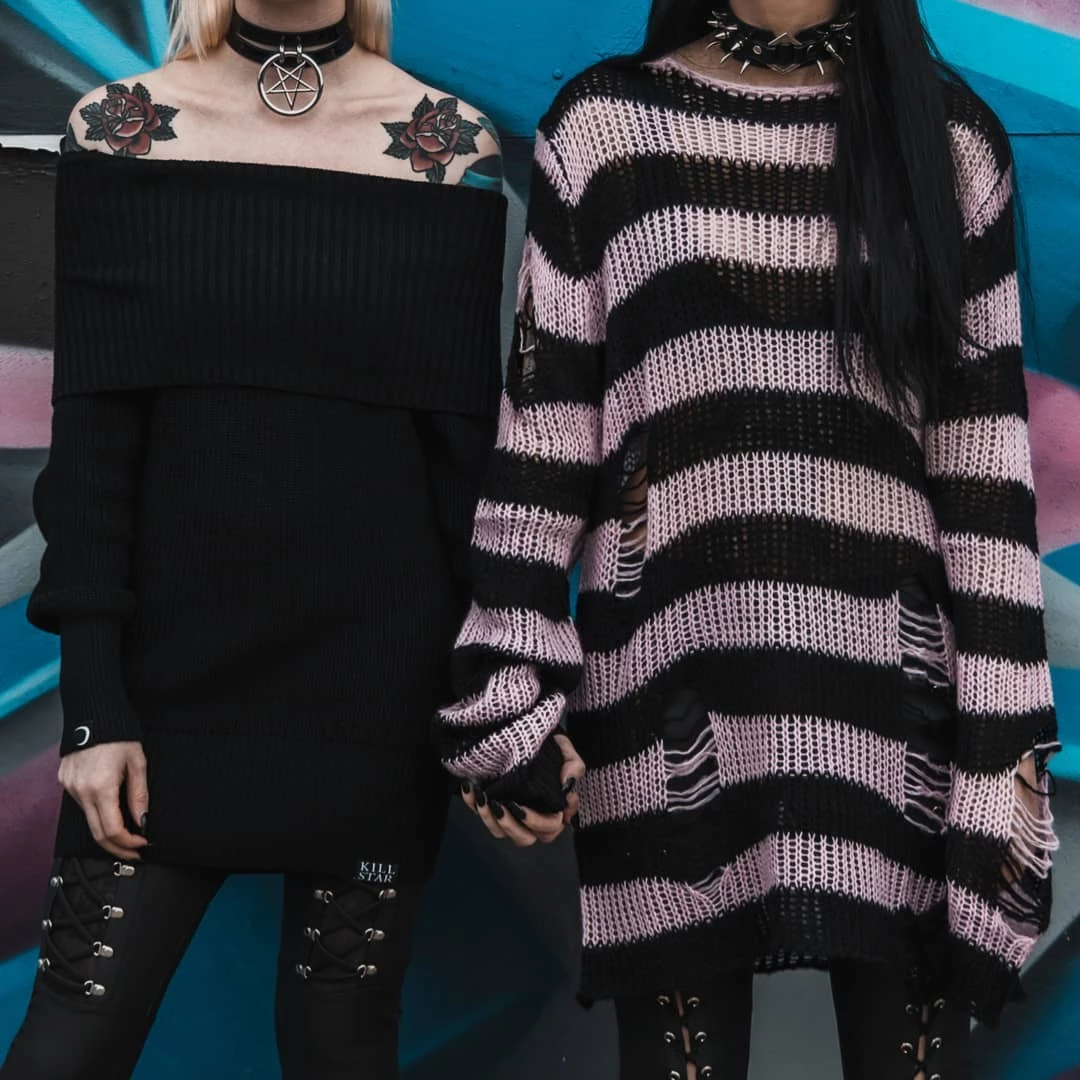 Killstar Courtney Punk Knit Sweater Black And Pink 2 Killstar Courtney Punk Knit Sweater Black And Pink