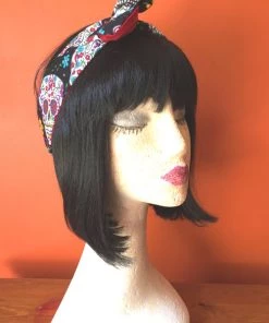 Kitty Deluxe Halloween Reversible Wired Headband In Black Sugar Skull Print & Red