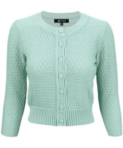 MAK Sweaters Chunky Vintage Knit Cardigan With 3/4 Sleeves In Aqua (Mint)