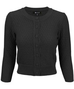 MAK Sweaters Chunky Vintage Knit Cardigan With 3/4 Sleeves In Black New Arrivals And Restocks