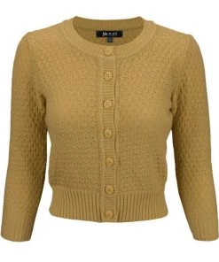 MAK Sweaters Chunky Vintage Knit Cardigan With 3/4 Sleeves In Bronze (Mustard)