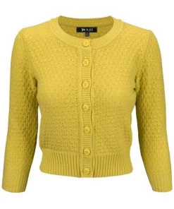 MAK Sweaters Chunky Vintage Knit Cardigan With 3/4 Sleeves In Honey