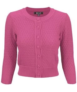 MAK Sweaters Chunky Vintage Knit Cardigan With 3/4 Sleeves In Magenta New Arrivals And Restocks
