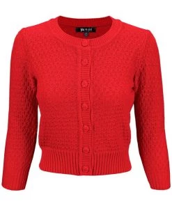 New Arrivals And Restocks MAK Sweaters Chunky Vintage Knit Cardigan With 3/4 Sleeves In Red