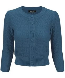 MAK Sweaters Chunky Vintage Knit Cardigan With 3/4 Sleeves In Teal