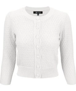 MAK Sweaters Chunky Vintage Knit Cardigan With 3/4 Sleeves In White