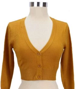 MAK Sweaters Cropped Cardigan With 3/4 Sleeves In Bronze (Mustard)