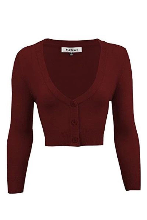 MAK Sweaters Cropped Cardigan With 3/4 Sleeves In Burgundy 1 MAK Sweaters Cropped Cardigan With 3/4 Sleeves In Burgundy