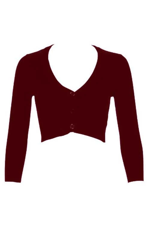 MAK Sweaters Cropped Cardigan With 3/4 Sleeves In Burgundy 2 MAK Sweaters Cropped Cardigan With 3/4 Sleeves In Burgundy