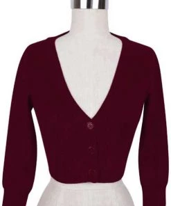 MAK Sweaters Cropped Cardigan With 3/4 Sleeves In Burgundy 6 MAK Sweaters Cropped Cardigan With 3/4 Sleeves In Burgundy