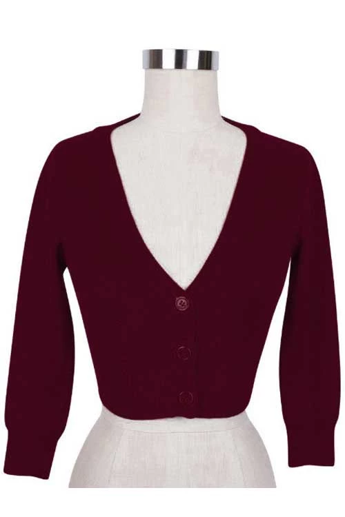 MAK Sweaters Cropped Cardigan With 3/4 Sleeves In Burgundy 3 MAK Sweaters Cropped Cardigan With 3/4 Sleeves In Burgundy