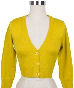 MAK Sweaters Cropped Cardigan With 3/4 Sleeves In Honey Yellow
