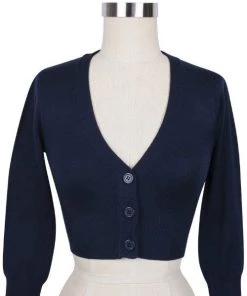 MAK Sweaters Cropped Cardigan With 3/4 Sleeves In Navy 13 MAK Sweaters Cropped Cardigan With 3/4 Sleeves In Navy