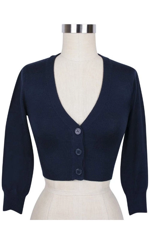 MAK Sweaters Cropped Cardigan With 3/4 Sleeves In Navy 6 MAK Sweaters Cropped Cardigan With 3/4 Sleeves In Navy