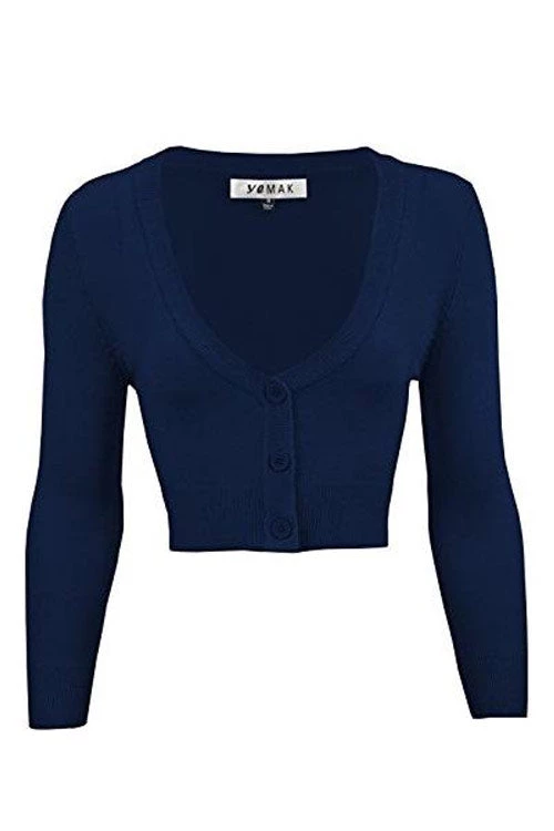 MAK Sweaters Cropped Cardigan With 3/4 Sleeves In Navy 1 MAK Sweaters Cropped Cardigan With 3/4 Sleeves In Navy
