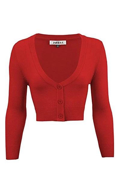 MAK Sweaters Cropped Cardigan With 3/4 Sleeves In Red 1 MAK Sweaters Cropped Cardigan With 3/4 Sleeves In Red