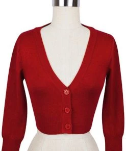 MAK Sweaters Cropped Cardigan With 3/4 Sleeves In Red 6 MAK Sweaters Cropped Cardigan With 3/4 Sleeves In Red