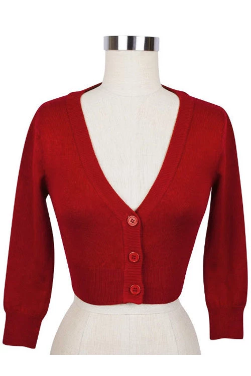 MAK Sweaters Cropped Cardigan With 3/4 Sleeves In Red 3 MAK Sweaters Cropped Cardigan With 3/4 Sleeves In Red