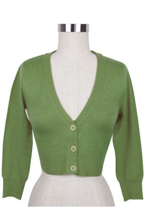 MAK Sweaters Cropped Cardigan With 3/4 Sleeves In Sage 3 MAK Sweaters Cropped Cardigan With 3/4 Sleeves In Sage