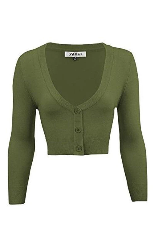 MAK Sweaters Cropped Cardigan With 3/4 Sleeves In Sage 1 MAK Sweaters Cropped Cardigan With 3/4 Sleeves In Sage