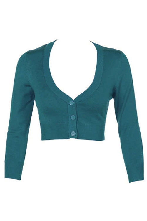 New Arrivals And Restocks MAK Sweaters Cropped Cardigan With 3/4 Sleeves In Teal Blue 2 New Arrivals And Restocks MAK Sweaters Cropped Cardigan With 3/4 Sleeves In Teal Blue