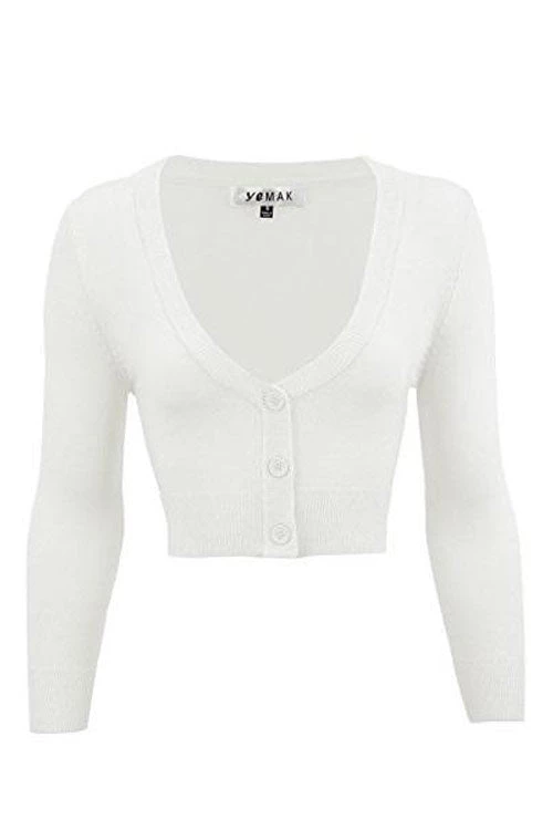 MAK Sweaters Cropped Cardigan With 3/4 Sleeves In White 1 MAK Sweaters Cropped Cardigan With 3/4 Sleeves In White